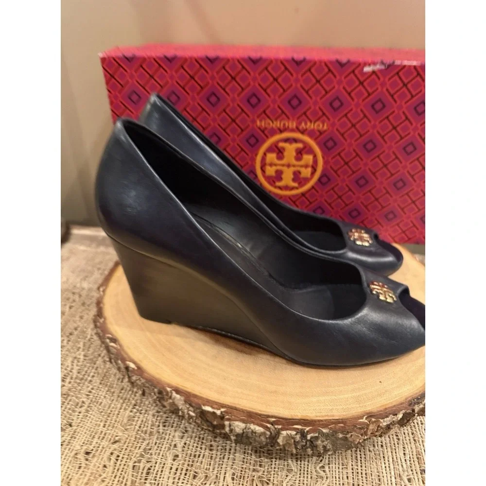 Tory Burch Jolie Peep Toe Wedge Pump Navy Blue Nappa Leather MRSP Sz-8 $290